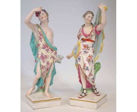 Matched pair of Derby figures of Bacchus and Ariadne circa 1780, modelled standing on square bases bearing patch marks and in