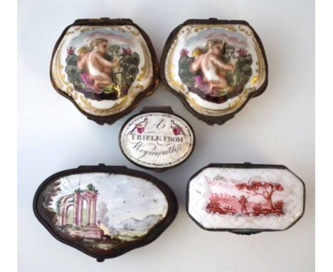 Five boxes, to include two enamel boxes painted with landscapes, another with 'A Trifle from Weymouth' also two Crown Naples 