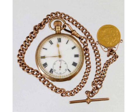 9ct gold open faced pocket watch, Dennison case Birmingham 1914, white enamel Roman dial, subsidiary seconds, case 43mm, gold