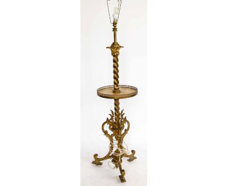 Neo-classical gilt brass lamp table, originally an oil lamp, with a telescopic column and marble circular tray, minimum heigh