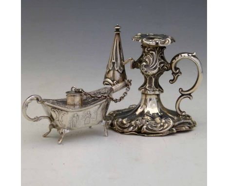 Victorian filled silver rococo style chamber candlestick and snuffer, Henry Wilkinson & Co Sheffield 1852, height 8cm; Dutch 