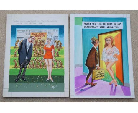 Original saucy postcard artwork by A.J. Williams, 20th century,  "Would you like to come in and demonstrate your apparatus" a