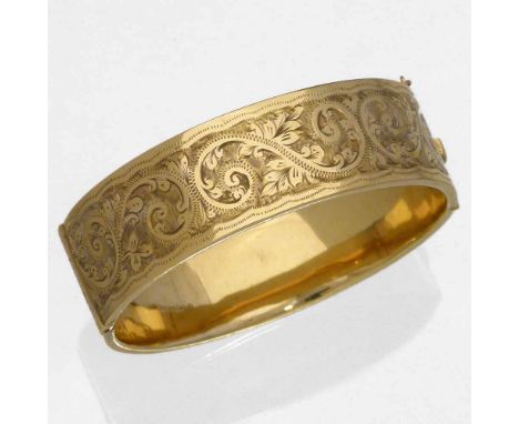 9ct gold hinged bangle, Birmingham 1954, inside width 58mm x 52mm, gross weight 26.9g.