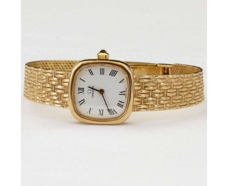 Omega 9ct gold lady's bracelet watch, case 511 8434, bracelet 711 5597, Swiss hallmarks, white rounded square dial, Roman num