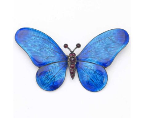 Sterling silver and blue guilloche enamel butterfly brooch, indistinct mark possibly C&amp;C (Child &amp; Child), the body se