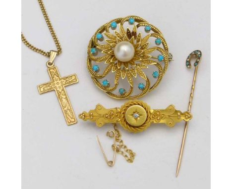 Gold (750) circular brooch set with a pearl and turquoise, diameter 3cm; Victorian 15ct gold and diamond bar brooch;  9ct hor