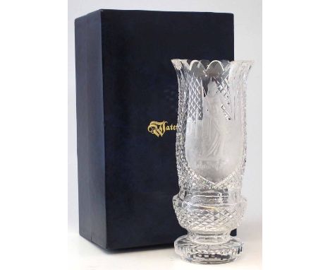 Waterford Julius Caesar cut glass vase signed T.Cooke, the 1979 dated panel surround by diamond cut grounds, with original bo