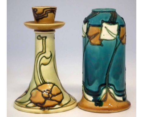 Minton Secessionist ware vase and candlestick, tube lined with stylised floral patterns on yellow and blue coloured grounds, 