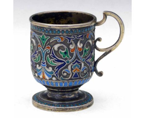 Russian 88 zol. silver and cloisonné enamel cup, Moscow, assay master Vasily Aleksandrovich Petrov (1883-93), maker's mark un
