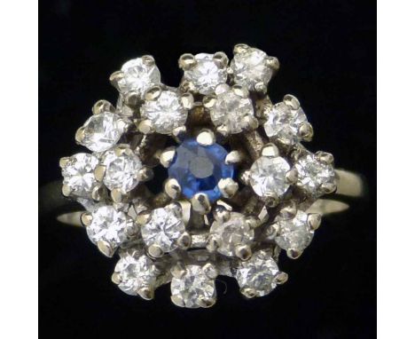 18ct white gold sapphire and diamond cluster ring, London 1971, ring size O, 7.4g
 
Condition report: This ring does not have