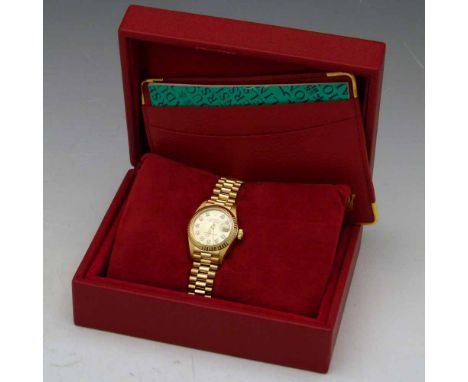 Rolex 18K gold Oyster Perpetual DateJust superlative chronometer, serial 7035154, 6917, gilt dial, diamond hours, date at 3:0