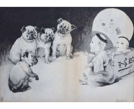 Louis Wain (British, 1860-1939),  "The Discussion", signed, ink and wash drawing, 24.5 x 35.5cm.; 9.75 x 14in.
