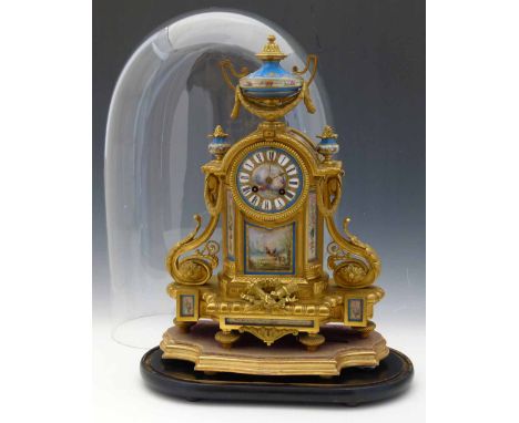 Napoleon III gilt brass and porcelain mantel clock, after 1855, retailed by S Wartenberg, Paris, the Sevres style panels pain