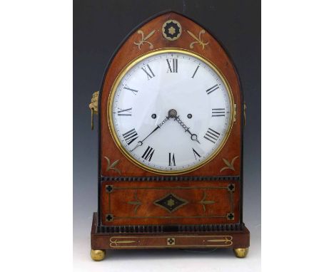 Brass inlaid mahogany lancet shaped bracket clock with pierced brass sides, convex Roman dial, double fusee eight day movemen