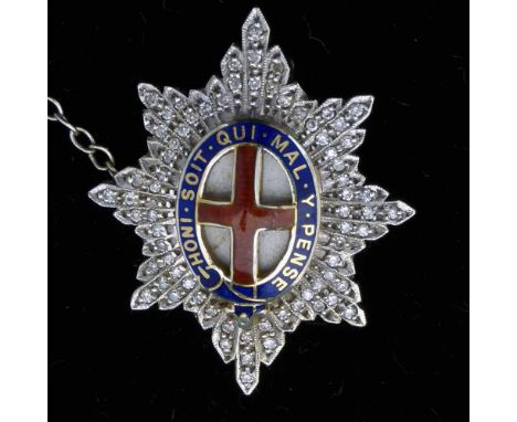Coldstream Guards 9ct gold and diamond brooch with an enamelled centre mand safety chain, Birmingham 1978, length 27mm, gross
