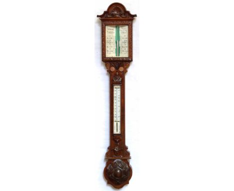 Victorian walnut stick barometer by T Bassnett, Bath St, Liverpool, the ivory faced forecasting dial with a vernier, over a t