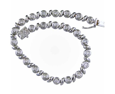 French 18ct white gold and diamond tennis bracelet of alternate circular and ogee links, length 19cm, gross weight 10g
 
Cond