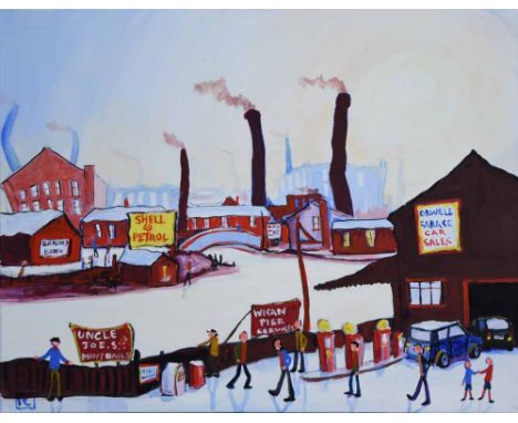 Peter Chippendale (1951-),  "Wigan Pier", initialled, signed and dated 2013 on verso, acrylic on canvas, unframed, 50 x 60cm.