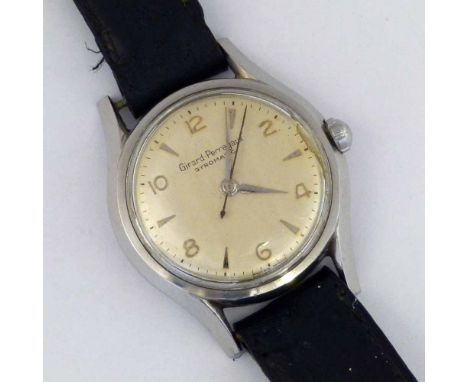 Girard-Perregaux Gyromatic stainless wristwatch, case 65780381 R, silvered dial, Arabic and dagger numerals, centre seconds, 