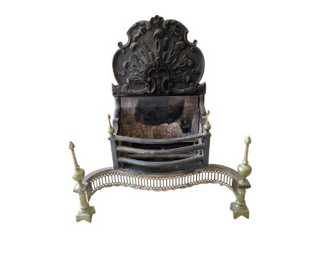 Georgian style fire grate. Steel and brass front, decorative finials and iron raised back. Gas pipe fitting. 83 cm H x 77 cm 