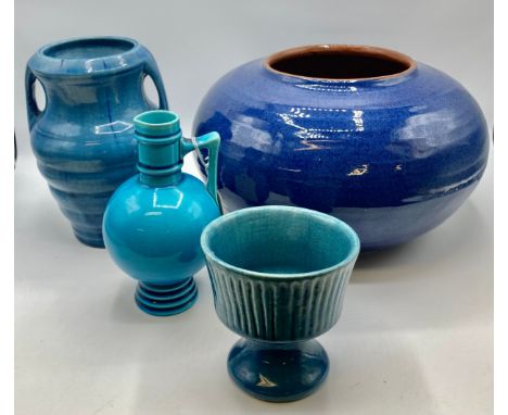 A Burmantofts turquoise ceramic ewer. Monogrammed to base and numbered 376. 16cm(h). Together with two Burmantofts style item