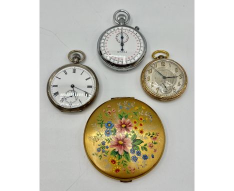 Omega stopwatch, yellow metal open face crown wind pocket watch, sterling silver open faced crown wind pocket watch together 