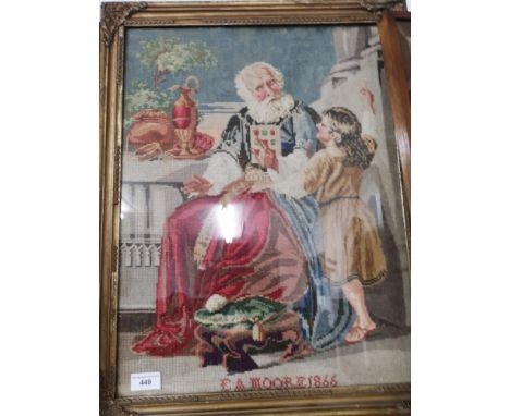 Framed antique tapestry depicting priest and child. 