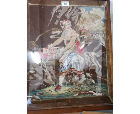 Antique tapestry depicting religious woman and child framed. 