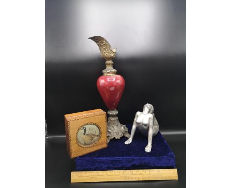 Spelter style vase, art deco style figure together with small box. 