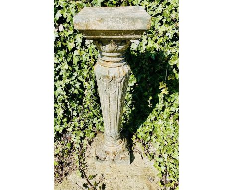 ARCHITECTURAL GARDEN PEDESTAL, 95cm H x 30cm W, scalloped edge detail, resin in a faux stone finish. 