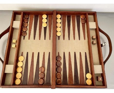 BACKGAMMON SET, 7cm x 23cm x 40cm, brown leathered, complete with accessories. 