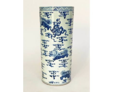 STICK STAND, 61cm H x 27cm W, Chinese blue and white ceramic, of cylindrical form, with dragon and cloud decoration. 