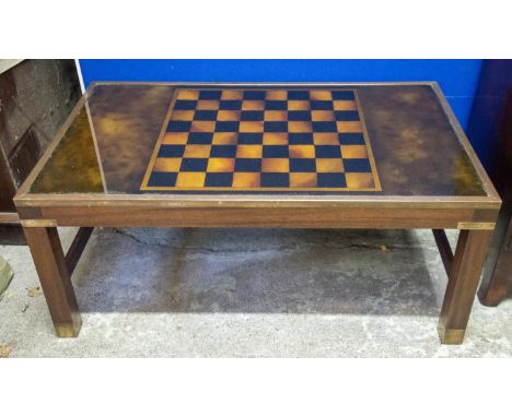 LOW GAMES TABLE, 43cm H x 103cm x 61cm, Campaign style brass bound with chessboard and inset glass top. 