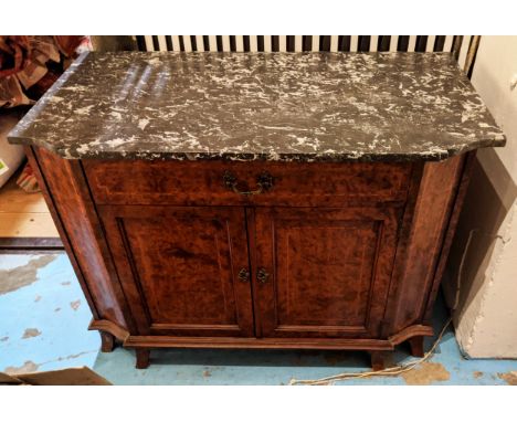 SIDE CABINET, 99cm W x 77cm H x 51cm D late 19th century French Thuya wood and satinwood banded with a marble top above a sin