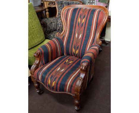 ARMCHAIR, 96cm H x 62cm, Victorian mahogany, circa 1850, in Azerbaijan kilim upholstery on ceramic castors. 