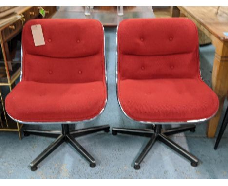 SWIVEL LOUNGE CHAIRS, a pair, 80cm H, vintage 20th century, red fabric upholstered. (2) 