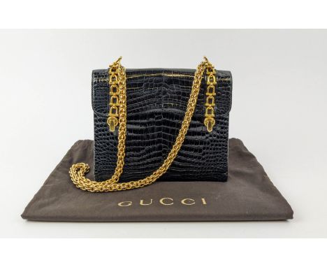 VINTAGE GUCCI CROCODILE HANDBAG, flap closure with double front clasp and horsebit details, with matching card holder, gold p