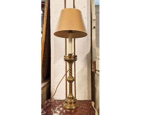BRASS LAMP, 71cm H including paper shade converted from a Victorian altar candlestick. 