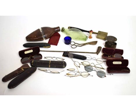 Mixed Lot to include vintage spectacles and cases, together with a further box containing a leather cased flask, pair of snip