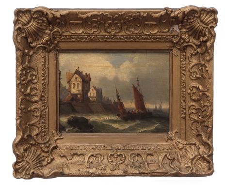 Attributed To Alfred Montague, oil on panel, Coastal scene with shipping off a harbour, 15 x 19cms 