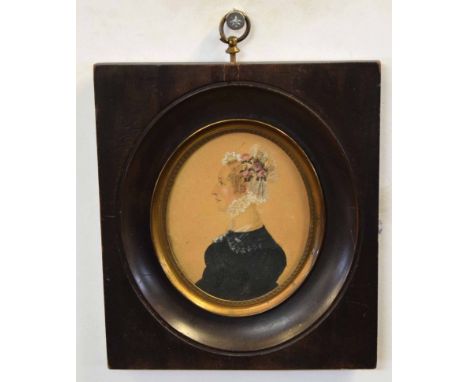 19th century portrait miniature, half-length portrait of a lady wearing white bonnet, 9 x 8cms  