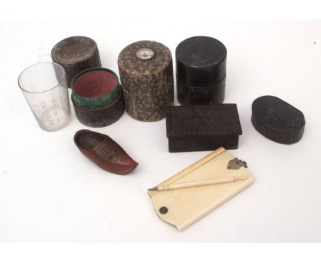 Mixed Lot: base metal mounted ivory six-page aide memoire of pivoting rectangular form with initialled clasp (lacking pencil)