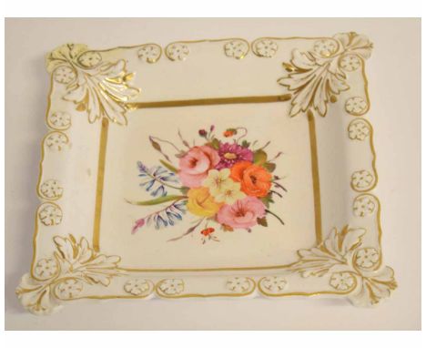 19th century Staffordshire porcelain dish, the central panel with a floral spray 