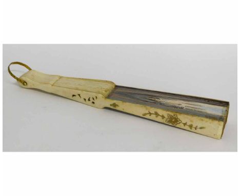 Late 19th century bone fan, with gilded and pierced sticks and the panel painted with pastoral scene of figures by a lake, 22