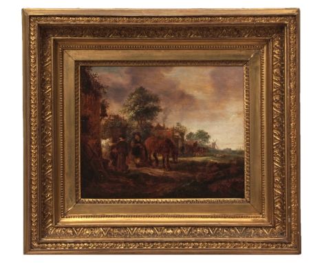 Dutch School, oil on panel, Farmworkers and horses before a building,25 x 30cms 