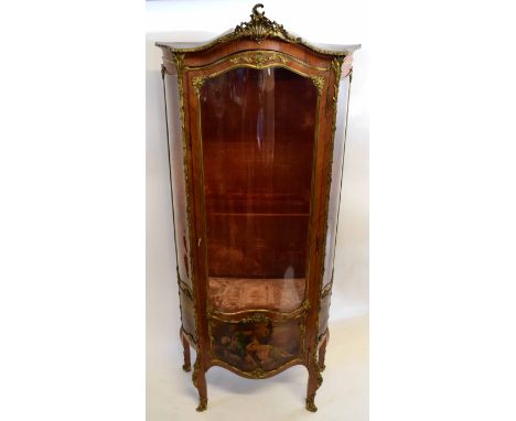 Good quality French kingwood vitrine with shaped and glazed front door with painted panel of classical figures with gilt moun