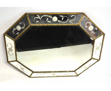Good quality elongated hexagonal Venetian type wall mirror with etched surrounding mirror panels with bevelled central panel 