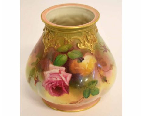 Royal Worcester jar (cover lacking), decorated in typical fashion with painted roses, green ground mark to base and shape num