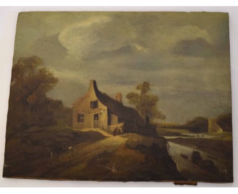Circle Of Thomas Gainsborough (1727-1788), oil on panel, Figure and horse before a country inn, 14 x 17ins, unframed 