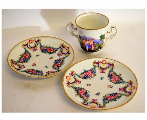Naples (Ginori) two-handled cup, with two saucers, decorated in relief with classical scenes to the cup and floral scenes in 